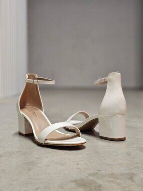 Patent Leather Block Heel Sandals With Ankle Strap In White